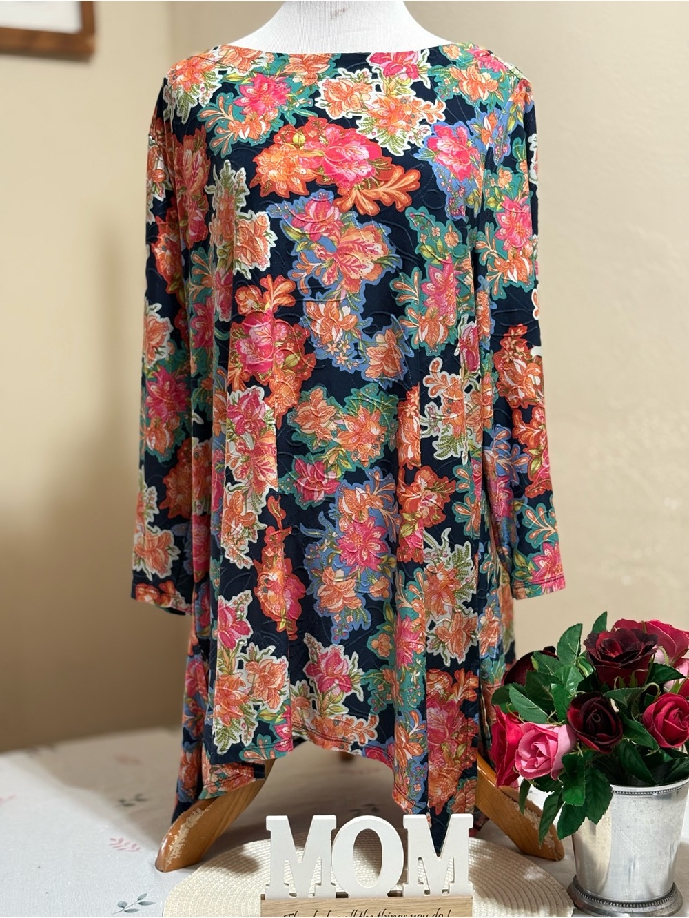 JM Collection Navy Floral Swing Tunic with Pink & Coral Blossoms
